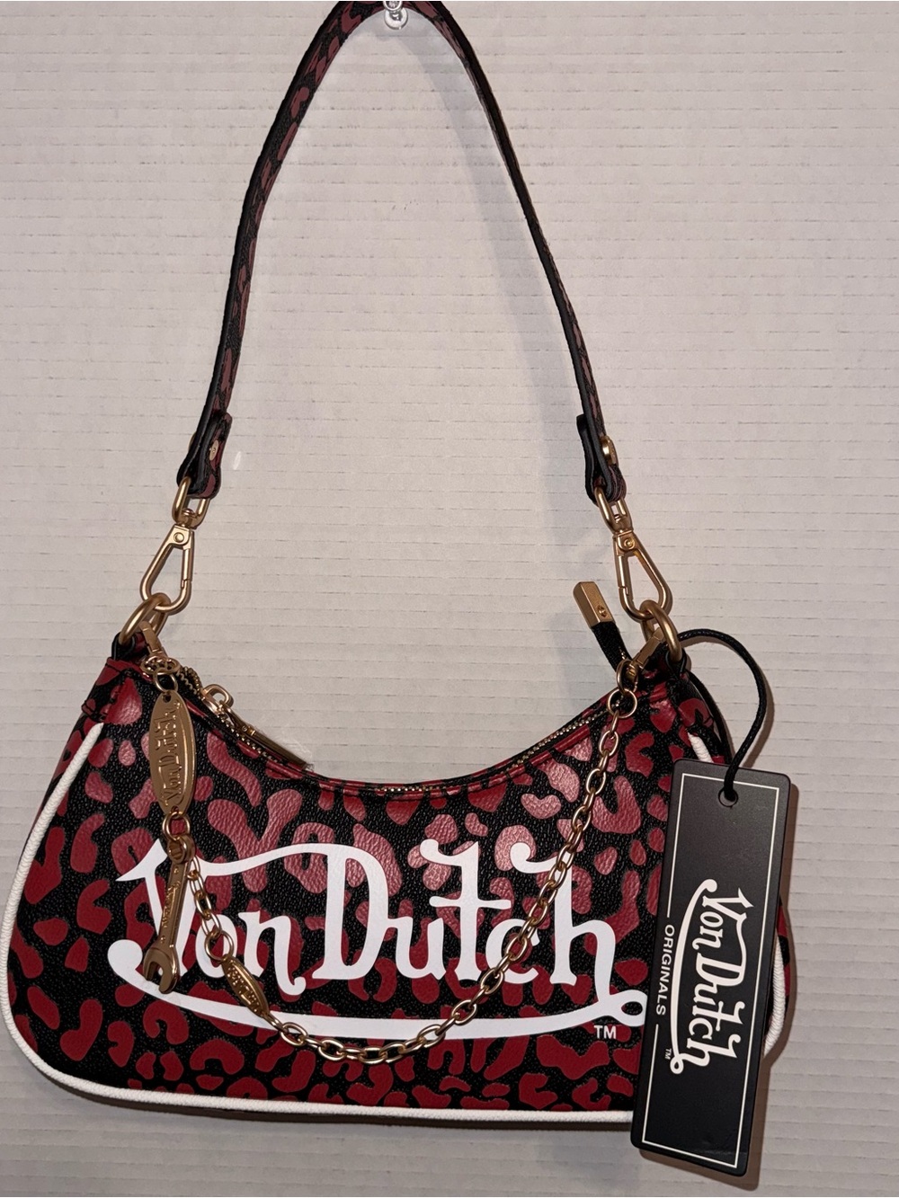 Von Dutch Red & Black Leopard Shoulder Bag Gold Hardware Y2K
